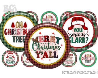Merry Christmas Bottle Cap Images - Christmas Bottle Cap Images - 1 Inch 25mm Circles - Christmas BCI - Coffee, Tree, Story, Y'all, Clark