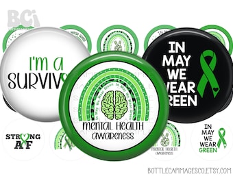 Green Ribbon Bottle Cap Images, Mental Health Month Bottlecap Images, In May We Wear Green, BCI 1 inch 25mm Circles, 4X6 Digital Sheet, BCI