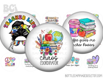 Teacher3 Images - Teacher Life Bottle Cap Images - Messy Bun Teacher, BCI 1 inch 25mm Circles - School Teacher Images - Peace Love Teach