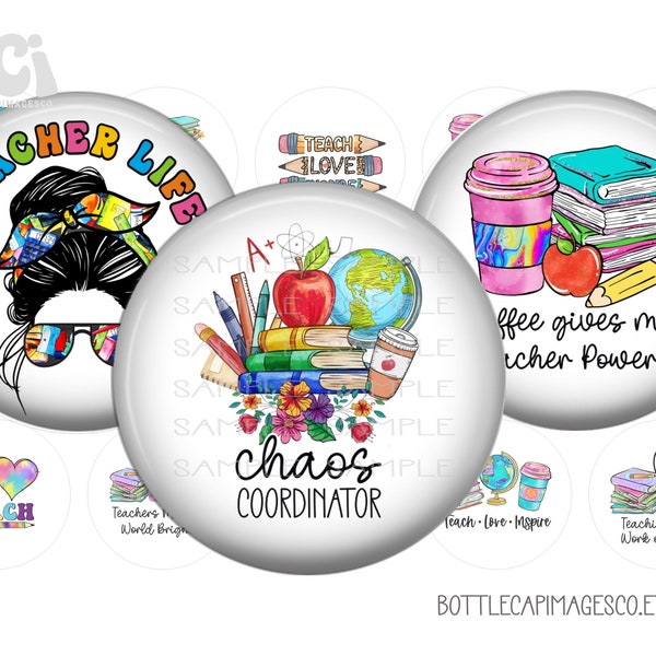 Teacher3 Images - Teacher Life Bottle Cap Images - Messy Bun Teacher, BCI 1 inch 25mm Circles - School Teacher Images - Peace Love Teach