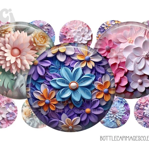 Summer Flower Bottle Cap Images - Floral Bottlecap Images - BCI 1 inch 25mm Circles - 4X6 Digital Sheet - 3D Flowers - Pink, Purple, Blue