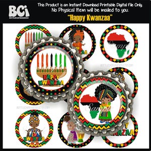 May include: A collection of bottle cap images with Kwanzaa themes. The designs include illustrations of people, the African continent, and a kinara. The text "Happy Kwanzaa" is featured on several caps. The product is a digital download.