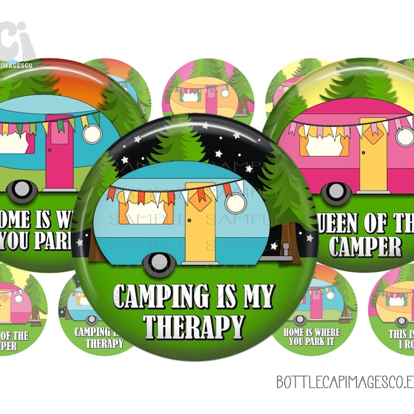 Camper Images - Camping Bottle Cap Images - Happy Camper BottleCap Images - BCI 1 Inch 25mm Circles - 4X6 Digital Sheet - Queen of Camper