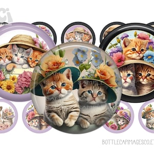 Kittens in Hats Bottle Cap Images, Cute Cats Bottlecap One Inch Circles, Printable 4X6 Digital Sheet for 25mm Pendants, Badge Reels, Jewelry