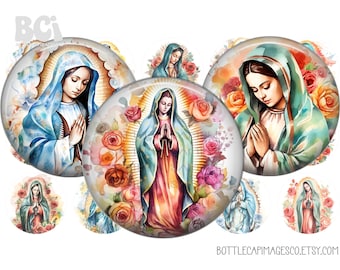 Lady of Guadalupe Bottle Cap Images - Virgin Mary Bottlecap Images - BCI Digital 1 inch 25mm Circles - Nuestra de Guadalupe, Mother of Jesus