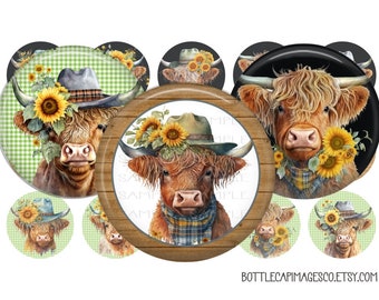 Highland Cow Images - 1 Inch Bottle Cap Images - Country Cow BCI - Cows in Hats Digital BottleCap Images - 25mm cabochons