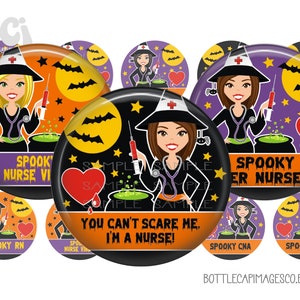 Peut inclure: Ensemble de 10 boutons d'infirmi&egrave;re sur le th&egrave;me d'Halloween repr&eacute;sentant une sorci&egrave;re avec un chaudron, des chauves-souris, des &eacute;toiles et le texte "Spooky Nurse" et "You Can't Scare Me, I'm a Nurse!"