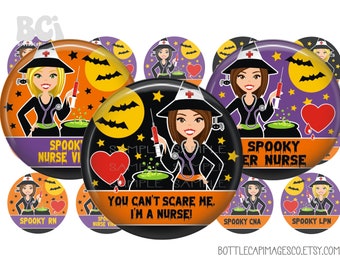 Nurse Witch Halloween Bottle Cap Images  - BCI Spooky Nurse Halloween Bottlecap Images - Witch Digital 1 inch 25mm Circles - Boo Boo Crew