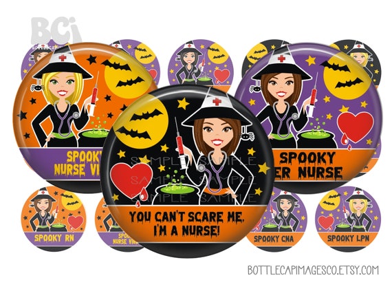 Nurse Witch Halloween Bottle Cap Images  - BCI Spooky Nurse Halloween Bottlecap Images - Witch Digital 1 inch 25mm Circles - Boo Boo Crew