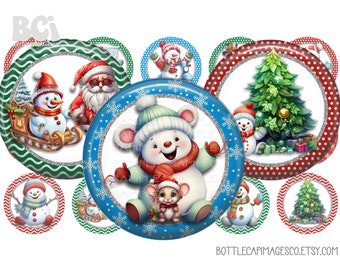 Christmas Bottle Cap Images - BCI Merry Christmas BottleCap Images - Digital 1 Inch 25mm Circles - Santa, Snowman, Winter, Christmas Tree