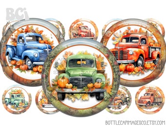 Country Autumn Truck Bottle Cap Images - BCI Fall Pumpkin Truck - Digital 1 inch 25mm Circles - Halloween, Fall, Thanksgiving, Autumn Image