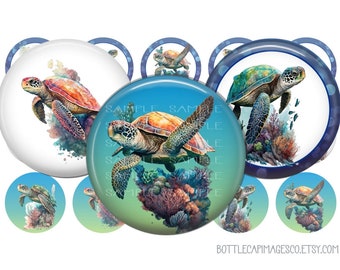 Sea Turtles Bottle Cap Images, Turtle Bottlecap Images, 1 inch Circles, 25mm Caboshons, 4X6 Digital Collage Sheet, Cute Turtle Images