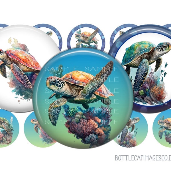 Sea Turtles Bottle Cap Images, Turtle Bottlecap Images, 1 inch Circles, 25mm Caboshons, 4X6 Digital Collage Sheet, Cute Turtle Images