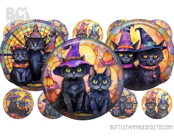 Images de chat noir d'Halloween - Images de bouchon de bouteille d'Halloween - cercles de 1 pouce 25 mm - chapeau de chat mignon Halloween BCI - citrouilles, effrayant, chat de sorcière
