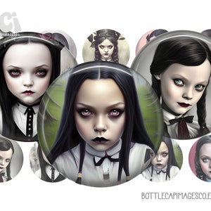 Halloween Creepy Gothic Dolls Bottle Cap Images  - Halloween Vintage Bottlecap Images - Digital 1 inch 25mm Circles - Scary, Braids, Morbid
