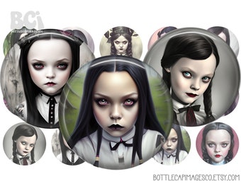 Halloween Creepy Gothic Dolls Bottle Cap Images  - Halloween Vintage Bottlecap Images - Digital 1 inch 25mm Circles - Scary, Braids, Morbid