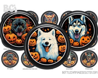 Pups Pumpkin Images, BCI Halloween Dogs Bottle Cap Images, Digital 1 inch 25mm Circles, Pitt Bull, Shiba Inu, Samoyad, Yorkshire Terrier