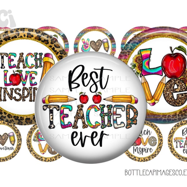 Teacher (2) Bottle Cap Images - School Teacher BottleCap Images - Digital 1 Inch 25mm Circles - Best Teacher Ever, Teach & Love, Leopard BCI