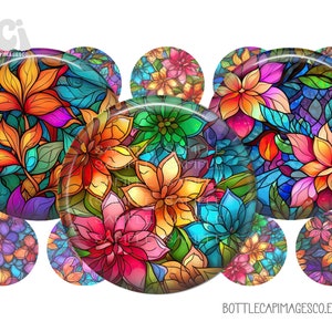 May include: A set of 10 round bottle cap images featuring a colorful stained glass design of flowers and leaves. The images are perfect for crafting projects, scrapbooking, and more.