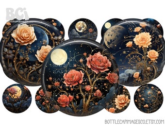 Celestial Roses Bottle Cap Images - BCI Mystical Moon Images - Digital 1 inch 25mm Circles -Moon, Stars, Magical, Fantasy, Metaphysical BCI