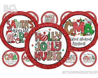 Holly Jolly Nurse  Bottle Cap Images - Christmas Nurse BottleCap Images -  BCI Digital 1 Inch 25mm Circles - RN, CMA, Nurse Gnomes, Santa