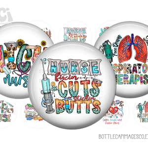 Puede incluir: Conjunto de 10 pegatinas redondas con diseños coloridos y texto relacionado con enfermeras y fisioterapeutas respiratorios. Los diseños incluyen un estetoscopio, pulmones, una jeringa y flores. El texto incluye "Nurse Fixin' & Cuttin' Butts", "Respiratory Therapist" y "ICU Nurse".