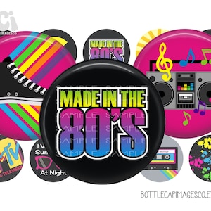 May include: A collection of round, retro-themed button designs. The buttons feature images of a high-top sneaker, a boombox, a cassette tape, and the text "MADE IN THE 80'S". The color palette includes pink, black, and vibrant rainbow hues.