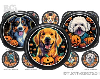 Pumpkin Pups Images, BCI Halloween Dogs Bottle Cap Images, Digital 1 inch 25mm Circles, Collie, Beagle, Great Dane, Corgi, Bulldog, Pinscher