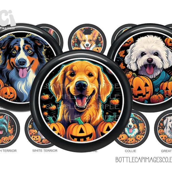 Images de chiots citrouilles, BCI Halloween Dogs Bottle Cap Images, Digital 1 inch 25mm Circles, Colley, Beagle, Great Dane, Corgi, Bulldog, Pinscher