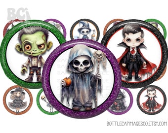 Spooky Cute Halloween Bottle Cap Images - Zombie Vampire Ghost (Digital 1 inch 25mm Circles)