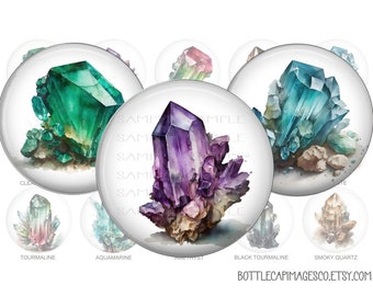 Crystal Bottle Cap Images - Crystal Gems BCI Bottlecap Images - Digital 1 inch 25mm Circles - Spiritual, Healing, Amethyst, Ruby, Emerald