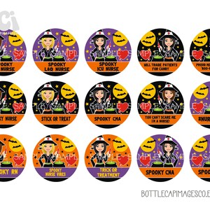 Peut inclure: Ensemble de 12 autocollants ronds sur le th&egrave;me d'Halloween repr&eacute;sentant une sorci&egrave;re habill&eacute;e en infirmi&egrave;re avec un chaudron et diff&eacute;rents textes. Les textes incluent "Spooky ER Nurse", "Spooky L&D Nurse", "Spooky ICU Nurse", "Hill Trade Patients for Candy", "Proud Member of the Boo-Boo Crew", "Spooky Nurse", "Stick or Treat", "Spooky CHA", "You Can't Scare Me I'm a Nurse", "#NurseLife", "Spooky RN", "Spooky Nurse Vibes", "Trick or Treatment", "Spooky CNA", and "Spooky LPN".
