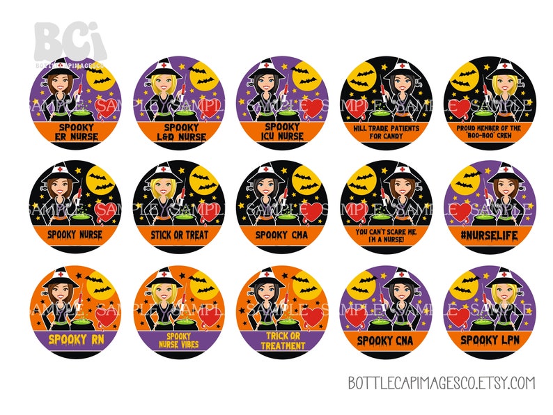 Peut inclure: Ensemble de 12 autocollants ronds sur le th&egrave;me d'Halloween repr&eacute;sentant une sorci&egrave;re habill&eacute;e en infirmi&egrave;re avec un chaudron et diff&eacute;rents textes. Les textes incluent "Spooky ER Nurse", "Spooky L&D Nurse", "Spooky ICU Nurse", "Hill Trade Patients for Candy", "Proud Member of the Boo-Boo Crew", "Spooky Nurse", "Stick or Treat", "Spooky CHA", "You Can't Scare Me I'm a Nurse", "#NurseLife", "Spooky RN", "Spooky Nurse Vibes", "Trick or Treatment", "Spooky CNA", and "Spooky LPN".