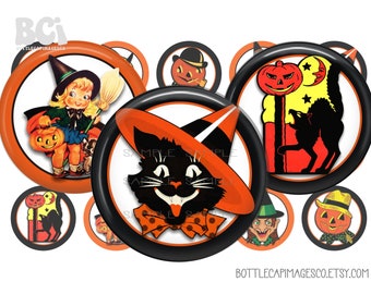 Vintage Halloween Bottle Cap Images - BCI Halloween Images - Digital 1 inch 25mm Circles - Black Cat, Jack o' Lantern, Witch, Trick or Treat