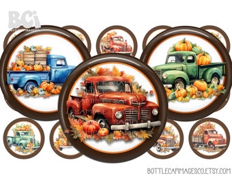 Fall Trucks Bottle Cap Images - BCI Autumn Pumpkin Truck Images - Digital 1 inch 25mm Circles - Halloween, Fall, Thanksgiving, Pickup Images