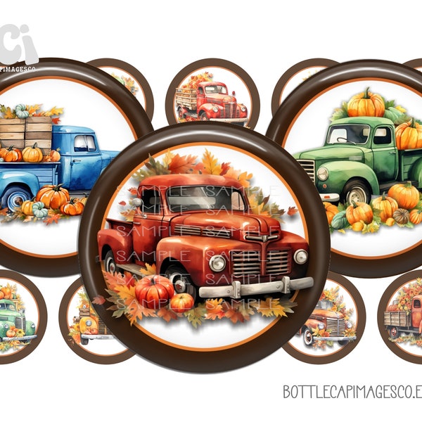 Fall Trucks Bottle Cap Images - BCI Autumn Pumpkin Truck Images - Digital 1 inch 25mm Circles - Halloween, Fall, Thanksgiving, Pickup Images