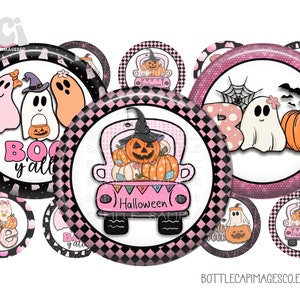 Imágenes de tapa de botella de Halloween rosa - Imágenes de tapa de botella de Halloween - Círculos digitales BCI de 1 pulgada y 25 mm - Fantasma femenino, Imágenes de Halloween de calabaza