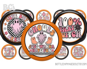 Retro Halloween Bottle Cap Images - Cute Halloween BottleCap Images - Digital 1 inch 25mm Circles - Trick or Treat, Ghost, Witch, Creepy