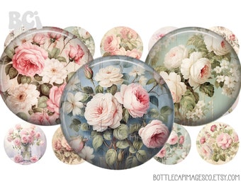 Shabby Chic Rose Bottle Cap Images - Country Rose Bottlecap Images - BCI Floral Digital 1 inch 25mm Circles - Farmhouse, Flowers, Wood