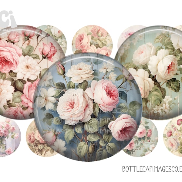 Shabby Chic Rose Bottle Cap Images - Country Rose Bottlecap Images - BCI Floral Digital 1 inch 25mm Circles - Farmhouse, Flowers, Wood