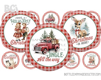 Vintage Christmas Bottle Cap Images - Classic Christmas BottleCap Images - BCI Digital 1inch 25mm Circles - Buffalo Plaid, Santa, Cat, Dog
