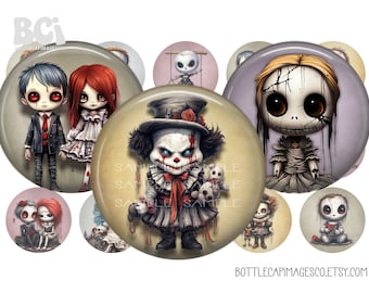 Spooky Halloween Bottle Cap Images  - BCI  Creepy Gothic Halloween Bottlecap Images - Digital 1 inch 25mm Circles - Zombie, Horror, Goth BCI