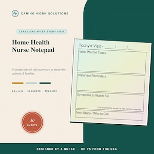 May include: A 5.5 x 6 inch Home Health Nurse Notepad with 50 tear-off sheets. The notepad features sections for Today's Visit, What We Did Today, Important Reminders, Symptoms to Watch For, and Next Steps / Who to Call, designed for patient summaries.