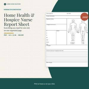 Può includere: Un modello di rapporto infermieristico per l'assistenza domiciliare e l'hospice con campi per le informazioni sul paziente, diagnosi, segni vitali e un diagramma del corpo umano, che misura 21,59 per 27,94 cm.