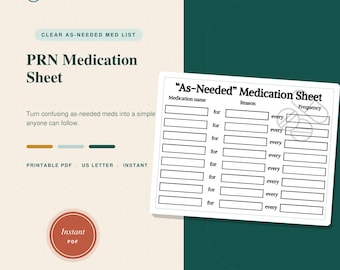 PRN Medication Sheet Printable | As-Needed Medication List for Caregivers & Patients | Home Health Hospice Nurse Tool | Instant Download PDF
