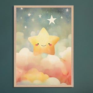 Kinderzimmer Poster | Stern am Wolkenhimmel | Geschenk Kind Geburtstag Junge Mädchen, Baby Babyzimmer Geburt | Wanddeko, Drucke