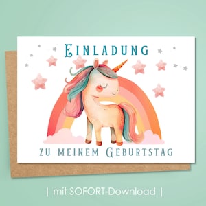 May include: A white card with a colorful unicorn illustration and the text "Einladung zu meinem Geburtstag" with stars and a rainbow in the background.