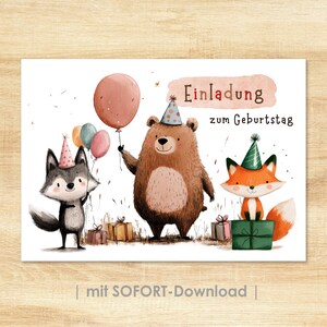 Scarica il PDF Biglietto d'invito (A6) Compleanno per bambini | Foresta che cambia, animali, orso con amici | download digitale | Biglietto d'invito fai da te per bambini