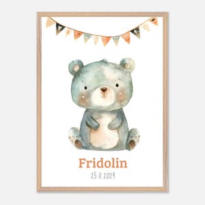 Póster infantil personalizado | Oso con nombre fecha de nacimiento | Regalo bautismo nacimiento bebe, cumpleañero niña | Impresiones decorativas para paredes.