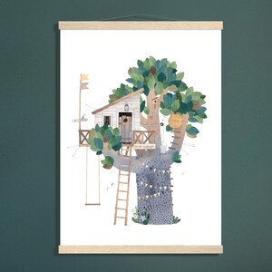 Póster infantil tiras magnéticas de madera | Casa del árbol de acuarela | Regalo nacimiento bebé, habitación bebé, cumpleañera niño | Decoración de paredes, estampados.